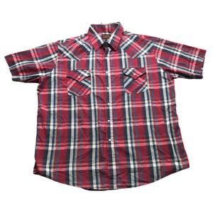 Vintage Plains Western Wear Pearl Snap Plaid Button Up Shirt Men XL Short Sleeve
